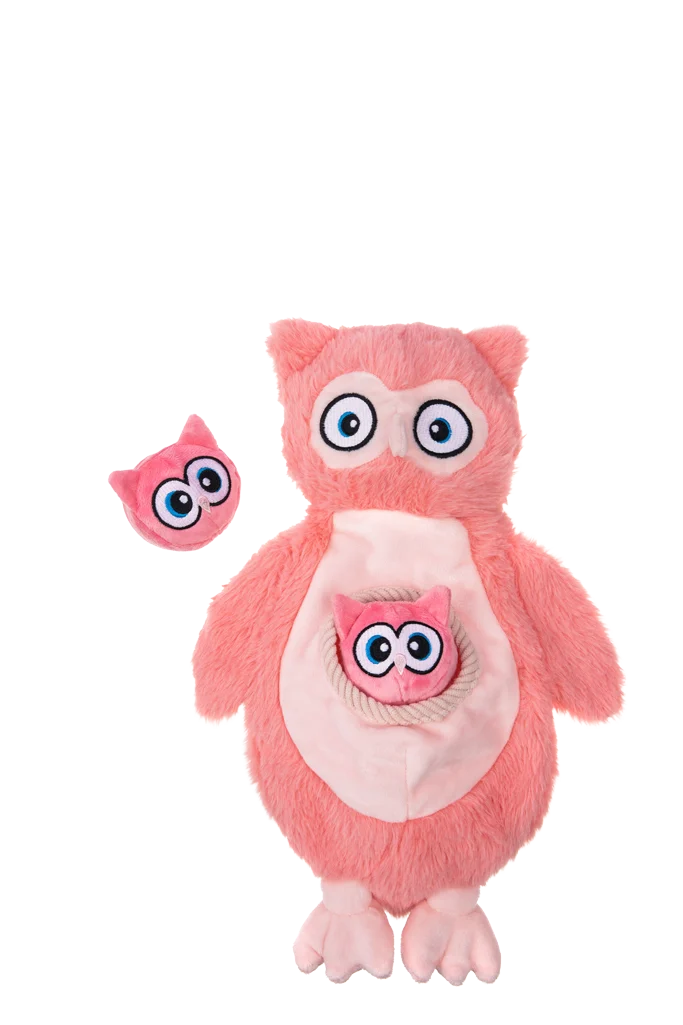 Peluche per cani in pile con squeaker e 2 giochi nascosti – Growl Sidekicks Hoot e Hootlet - immagine 2
