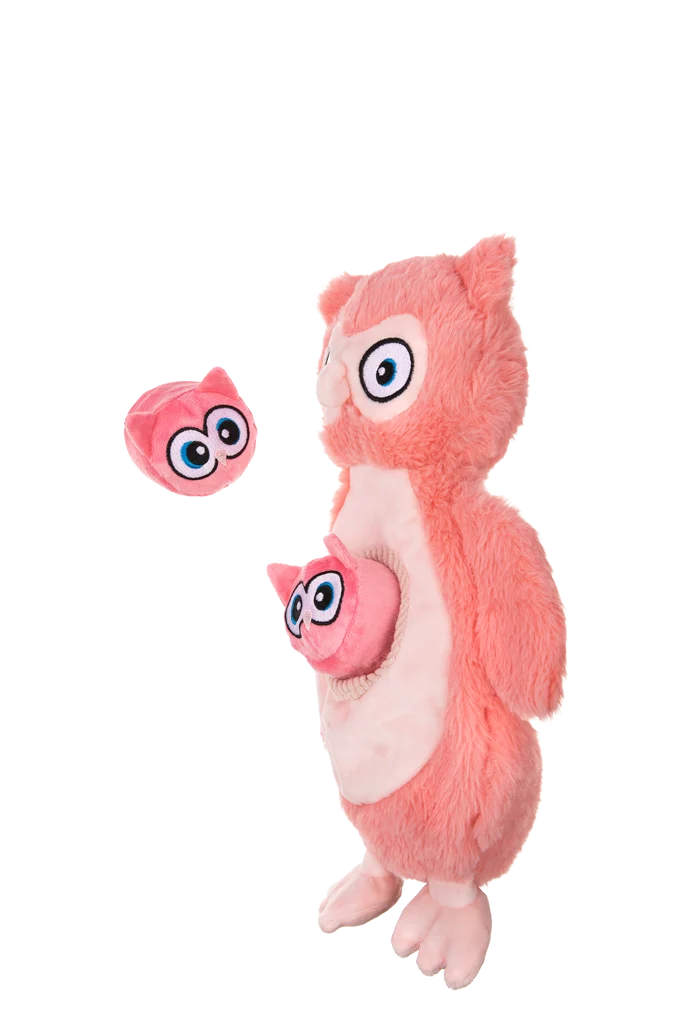 Peluche per cani in pile con squeaker e 2 giochi nascosti – Growl Sidekicks Hoot e Hootlet - immagine 3