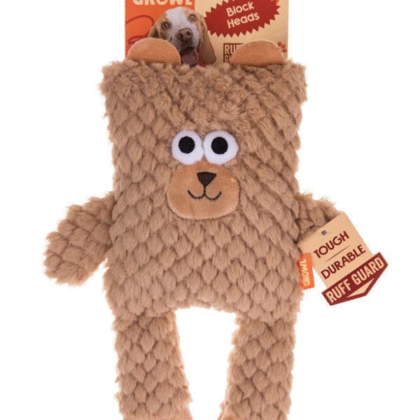 Peluche per cani a forma di cubo con squeaker – Growl Block Heads Boxy l'Orso