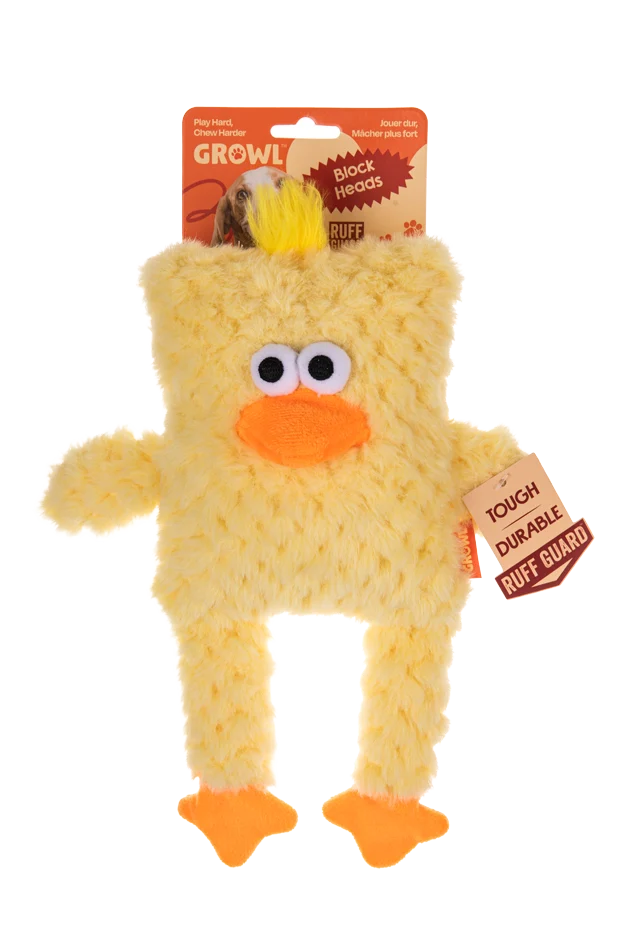 Peluche per cani a forma di cubo con squeaker – Growl Block Heads Cheepers il Pulcino - immagine 1