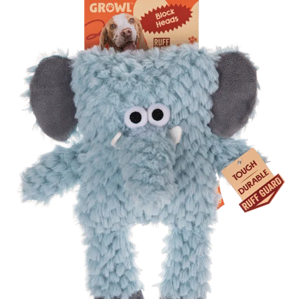 Peluche per cani con forma a blocco e squeaker – Growl Block Heads Trunky l’elefante