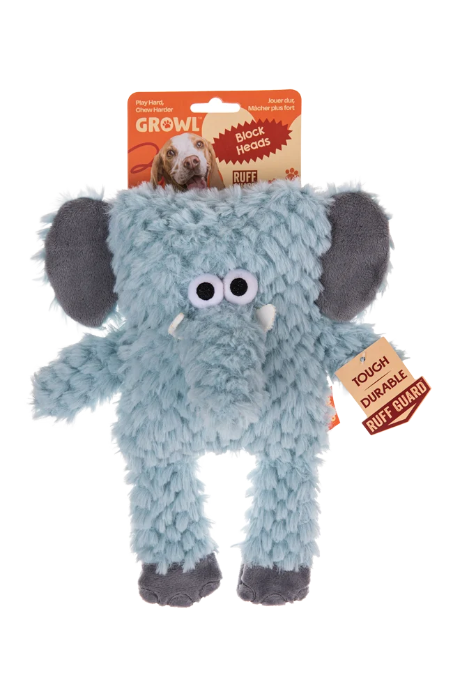Peluche per cani con forma a blocco e squeaker – Growl Block Heads Trunky l’elefante - immagine 1