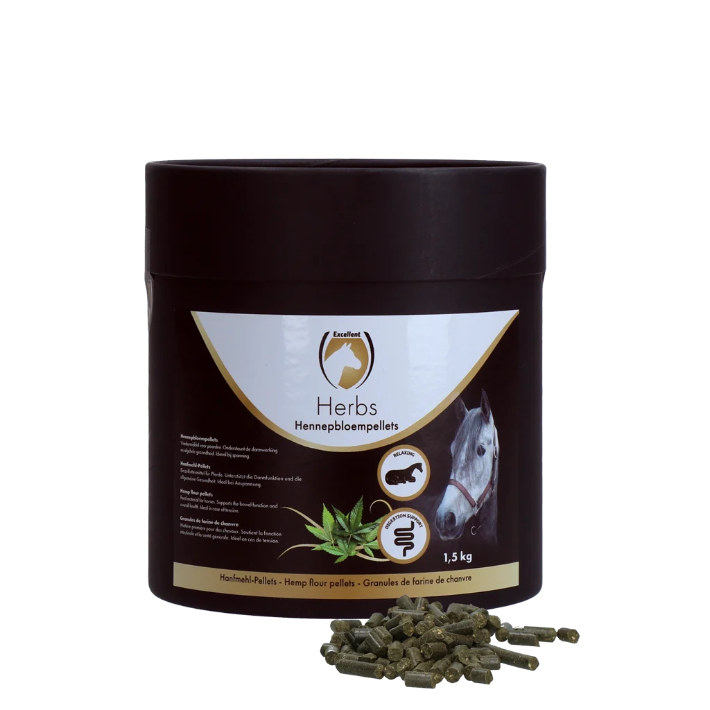Pellet di fiori di canapa per cavalli, a supporto della funzione intestinale, 1,5 kg – Excellent Horse Herbs Hennepbloempellets - immagine 1