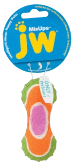 Gioco per cani in peluche, gomma e tessuto da pallina da tennis, 10 cm – JW Mixups Ribbed Barbell S