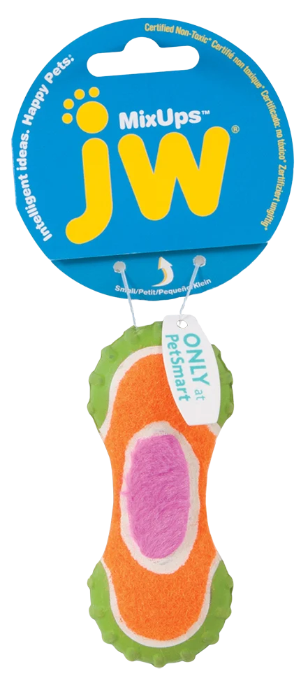 Gioco per cani in peluche, gomma e tessuto da pallina da tennis, 10 cm – JW Mixups Ribbed Barbell S - immagine 1