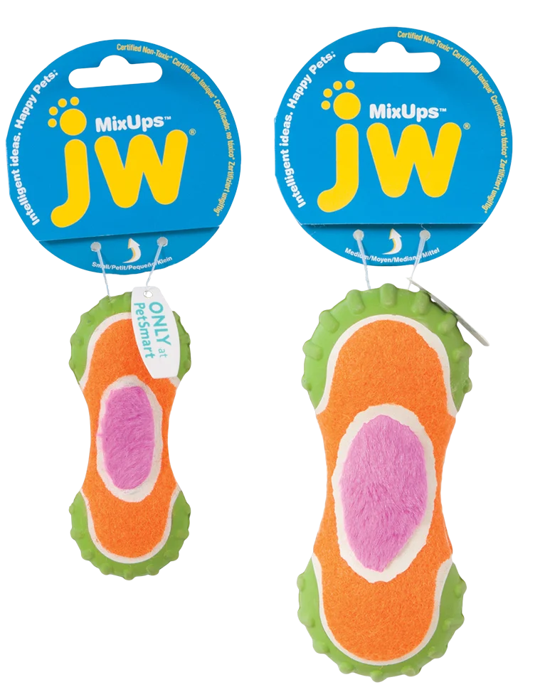 Gioco per cani in peluche, gomma e tessuto da pallina da tennis, 14 cm – JW Mixups Ribbed Barbell M - immagine 2
