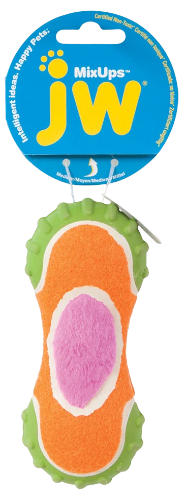 Gioco per cani in peluche, gomma e tessuto da pallina da tennis, 14 cm – JW Mixups Ribbed Barbell M - immagine 1