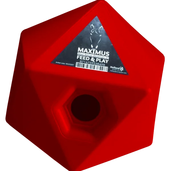 Cubo porta mangime per cavalli rosso, apertura per gli snack 37 mm – Maximus Feed & Play Cube