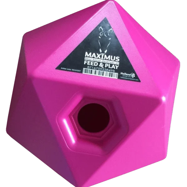 Cubo portamangime per cavalli rosa, apertura per snack da 37 mm – Maximus Feed & Play Cube