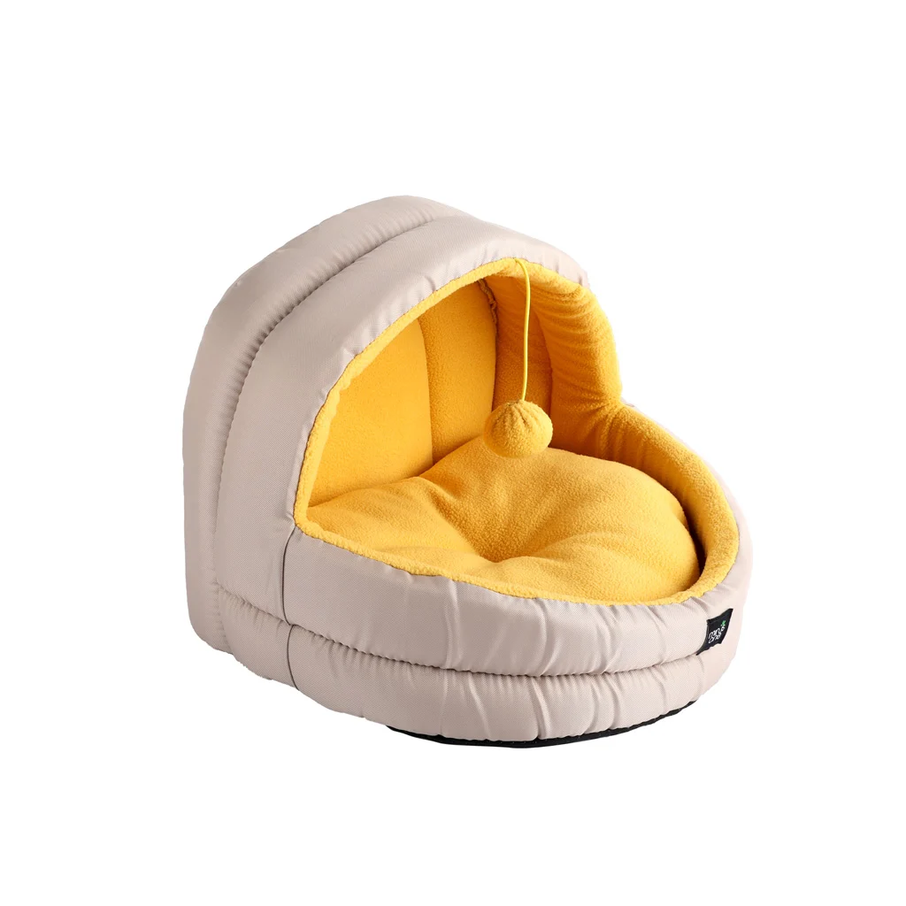 Cuccia a grotta per gatti con superficie in pile e pallina da gioco – Minus One Hideaway Cat Cave Yellow - immagine 1