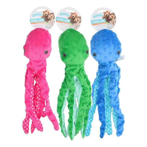Peluche per cani a forma di polpo con squeaker, colori assortiti, L – Pawise Multicolor Plush Octopus (3 colour assorted) L