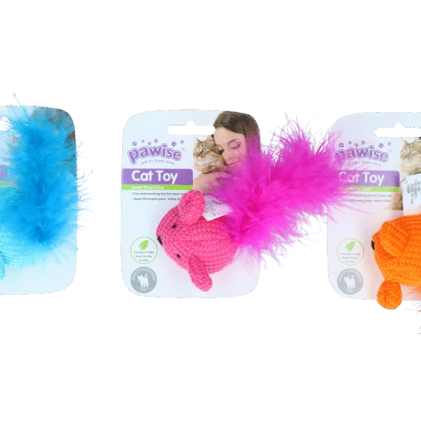 Topolino di lana con erba gatta e piume, 14 cm – Pawise Cat Toy Wool Mouse
