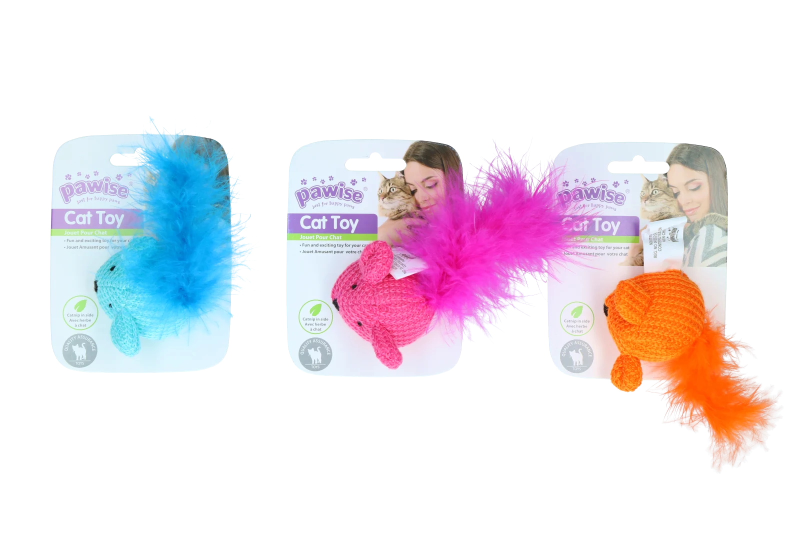 Topolino di lana con erba gatta e piume, 14 cm – Pawise Cat Toy Wool Mouse - immagine 1