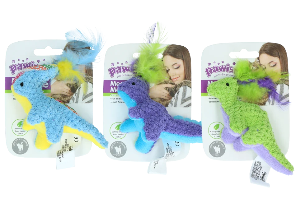 Peluche per gatti con erba gatta e piume, 12 x 12 cm – Pawise meow meow life Dinosaurus - immagine 1