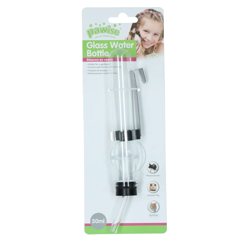 Bottiglia in vetro per criceti con supporto e ventosa, 50 ml – Pawise Hamster Glass Water Bottle - immagine 1