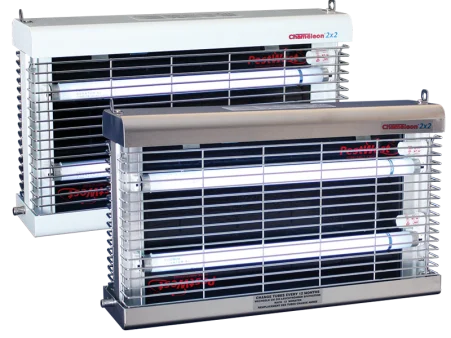 Elettroinsetticida per mosche da soffitto con 2 piastre collanti, acciaio inox e griglia cromata – PestWest Chameleon 2x2 SSS - immagine 1