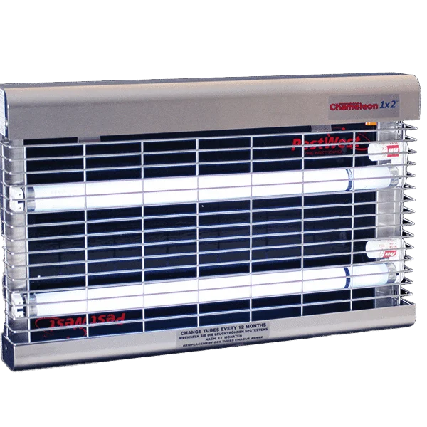 Lampada cattura mosche da parete con piastra collante, interamente in acciaio inox – PestWest Chameleon 1x2