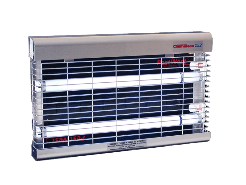 Elettroinsetticida per mosche da parete con piastra collante, acciaio inox e griglia cromata – PestWest Chameleon 1x2 - immagine 1