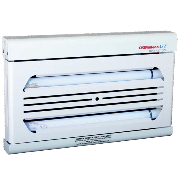 Lampada cattura mosche da parete con piastra collante nascosta, bianca – PestWest Chameleon 1x2 Discretion