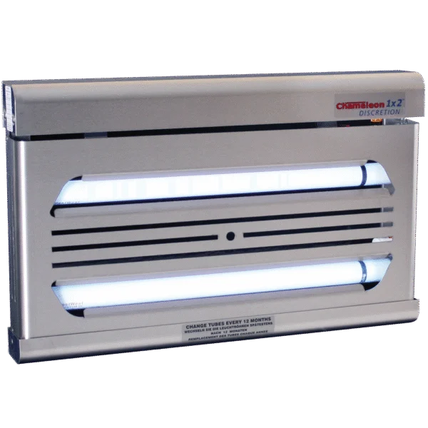 Lampada cattura mosche da parete con piastra adesiva nascosta, acciaio inox – PestWest Chameleon 1x2 Discretion
