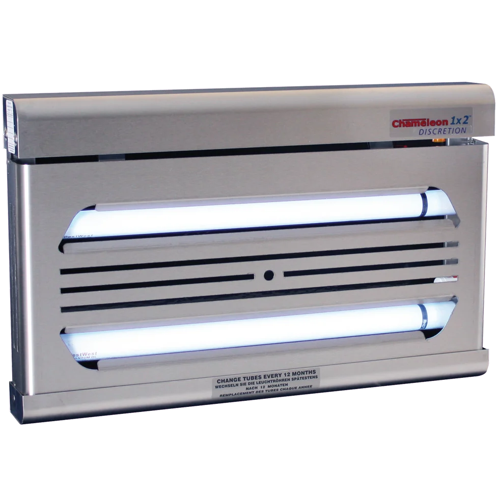 Lampada cattura mosche da parete con piastra adesiva nascosta, acciaio inox – PestWest Chameleon 1x2 Discretion - immagine 1