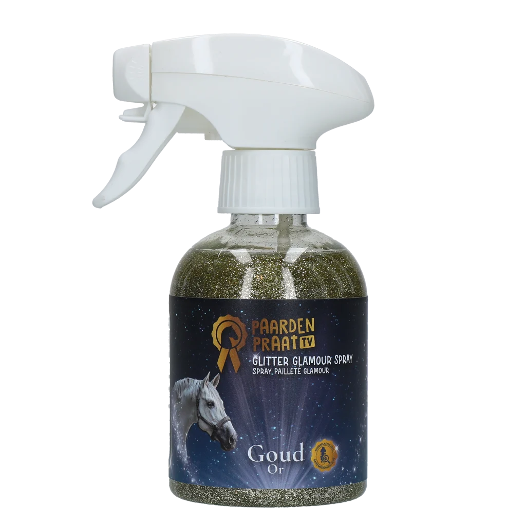 Spray glitter per cavalli, oro, 250 ml – Paardenpraat TV Glitter Glamour Spray - immagine 1