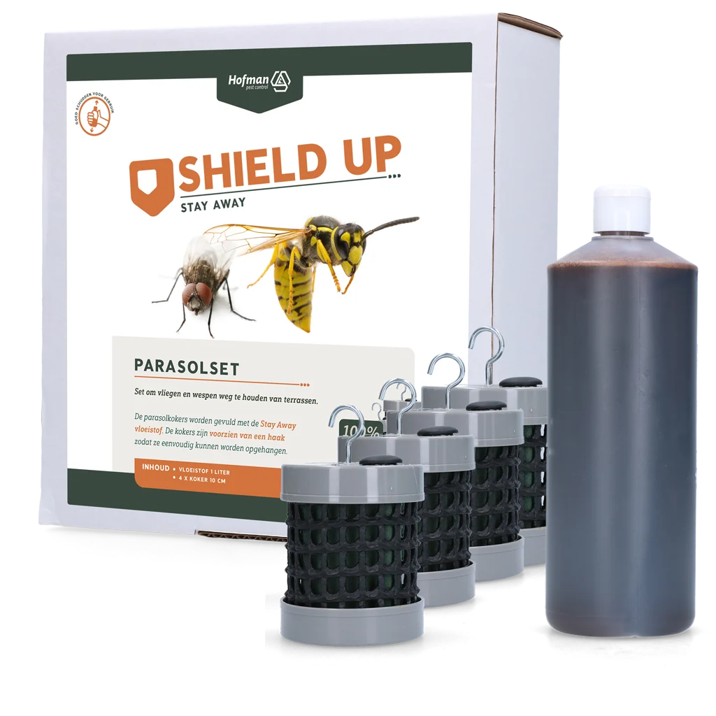Set parasole contro mosche e vespe, 1 l di liquido e 4 tubi – Set parasole Shield Up Stay Away - immagine 1