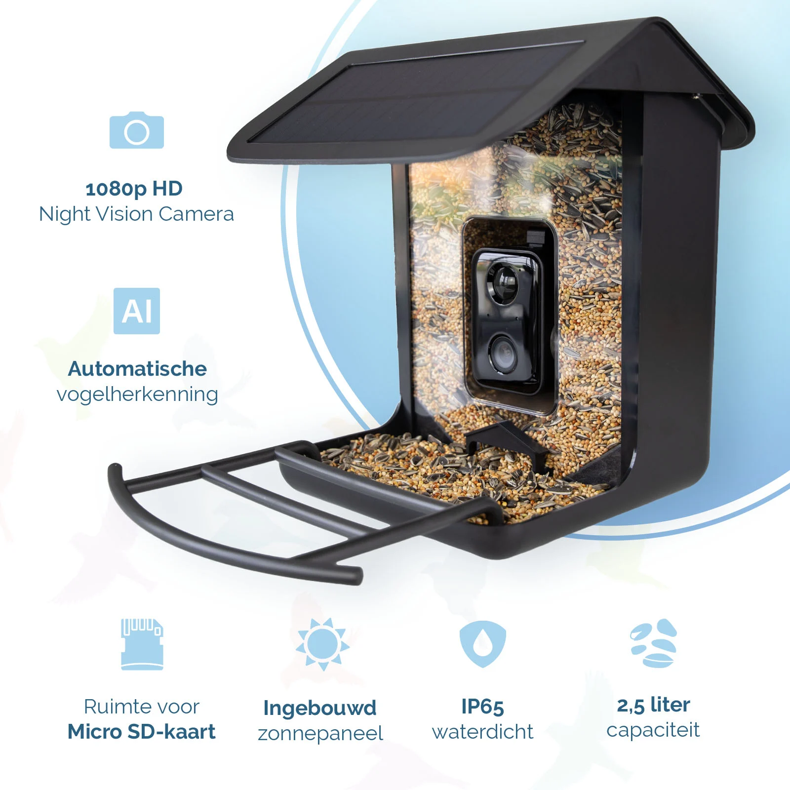 Mangiatoia per uccelli con telecamera e pannello solare, 1,5 l – Hofman Animal Care AI Bird Feeder - immagine 2