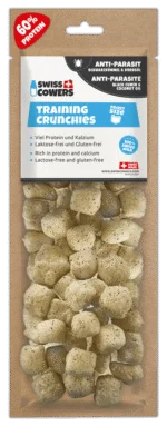 Snack al formaggio per l’addestramento dei cani con cumino nero e olio di cocco, 30 premietti – SwissCowers Cheese Crunchies Training Anti-Parasite
