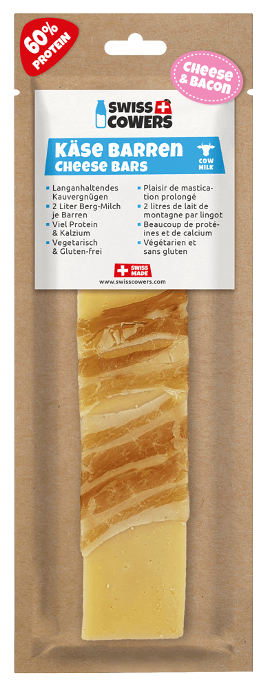 Bastoncino di formaggio per cani al bacon, senza lattosio – SwissCowers Cheese Bars Bacon L