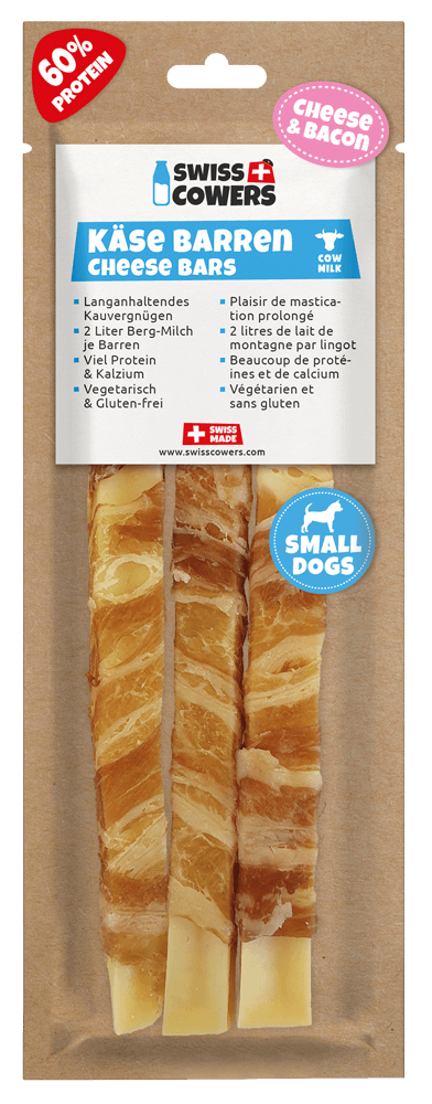 Bastoncino di formaggio per cani al bacon, senza lattosio – SwissCowers Cheese Bars Bacon S
