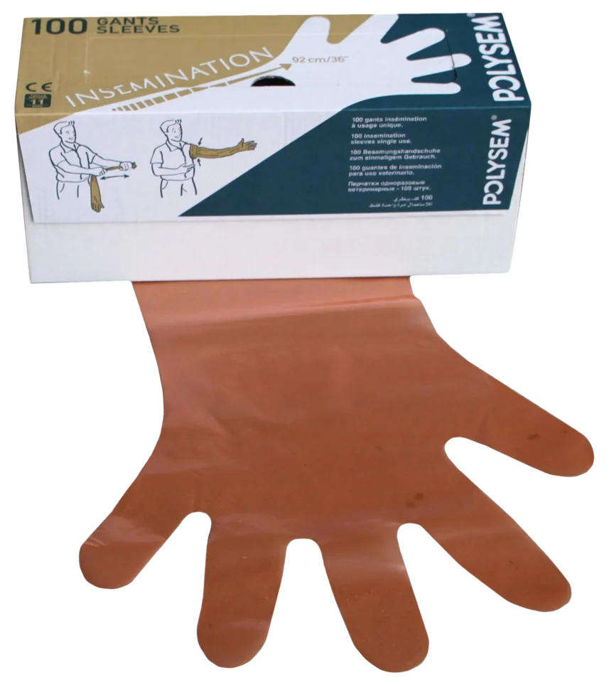 Guanto monouso Vet in polietilene, arancione, 92 cm, 100 pezzi - immagine 1