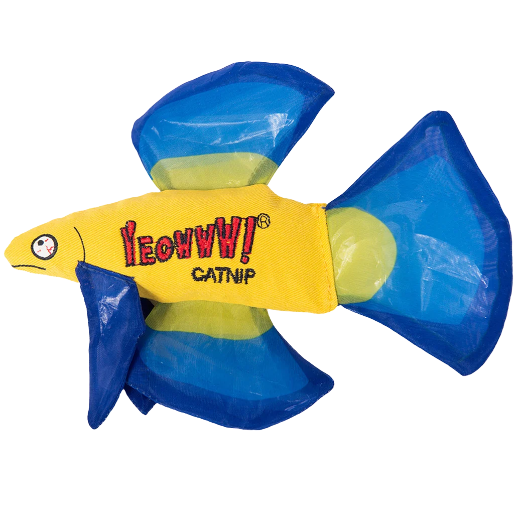 Pesce gioco per gatti con erba gatta e pinne fruscianti, blu, 17 x 12 cm – Yeowww! Mo Betta Fish - immagine 1