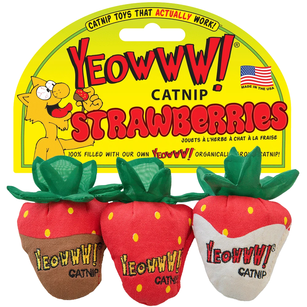 Gioco per gatti a forma di fragola con erba gatta e foglioline fruscianti, 3 pezzi – Yeowww! Strawberry 3-pack - immagine 1