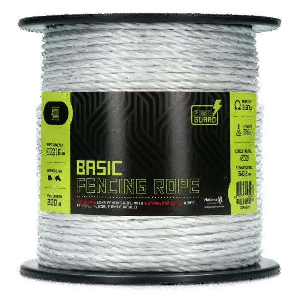 Corda elettrica 6 mm bianca con 6 fili in acciaio inox, 200 m – ZoneGuard Basic