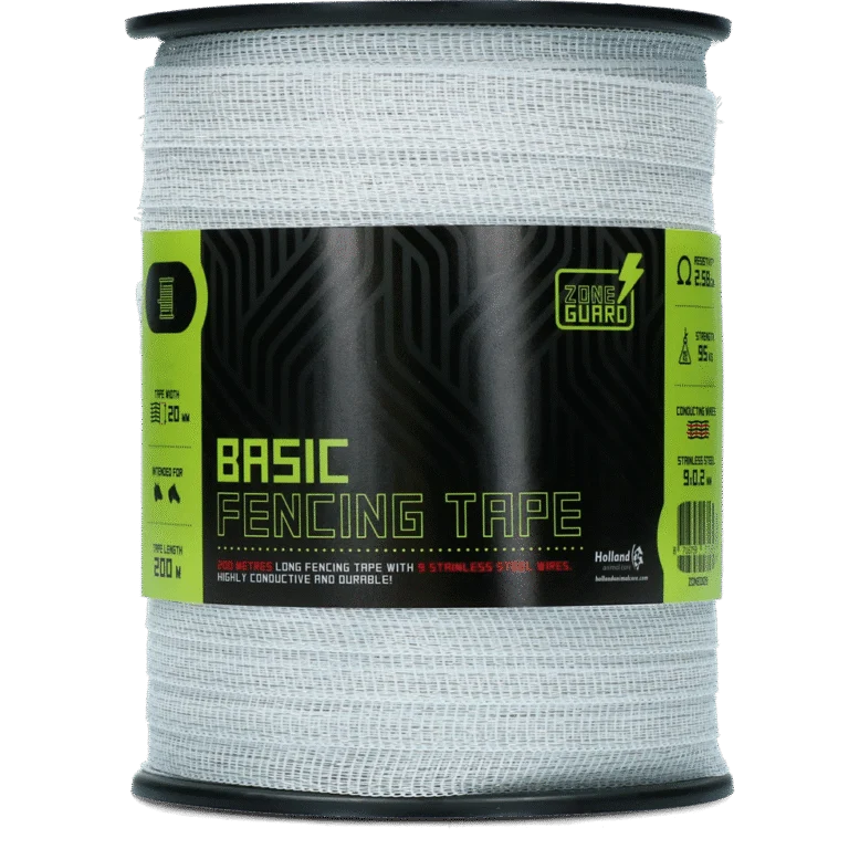 Nastro elettrificabile 20 mm bianco con 9 fili in acciaio inox, 200 m – ZoneGuard Basic