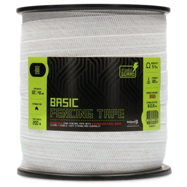 Nastro per recinzione elettrica 40 mm bianco con 8 fili in acciaio inossidabile, 200 m – ZoneGuard Basic