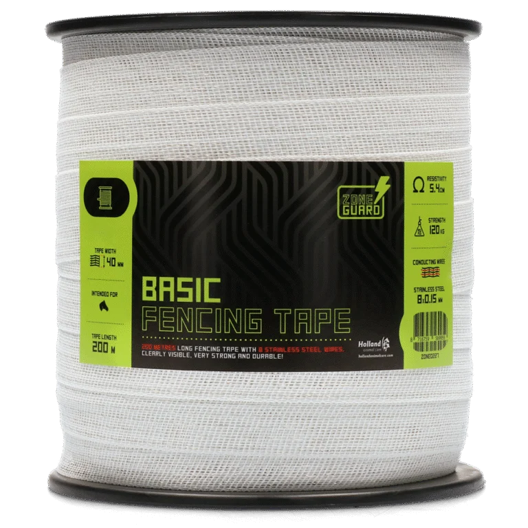 Nastro per recinzione elettrica 40 mm bianco con 8 fili in acciaio inossidabile, 200 m – ZoneGuard Basic