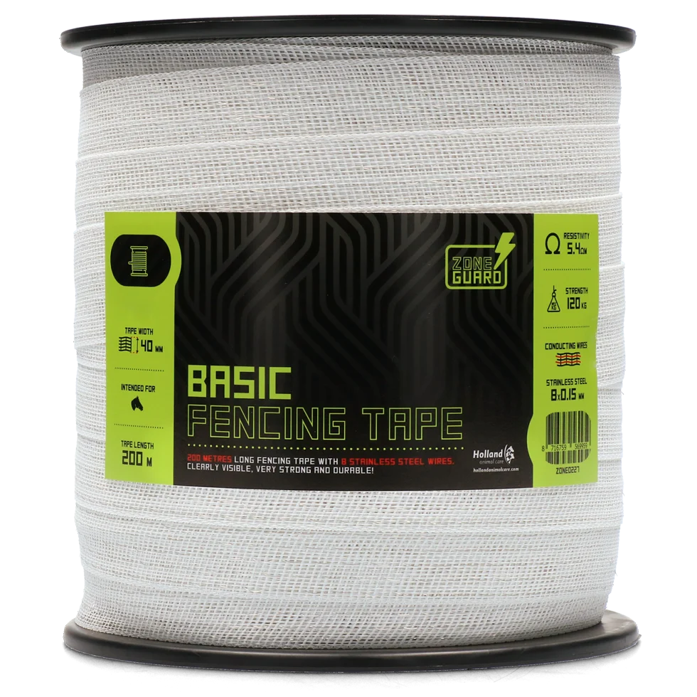 Nastro per recinzione elettrica 40 mm bianco con 8 fili in acciaio inossidabile, 200 m – ZoneGuard Basic - immagine 1