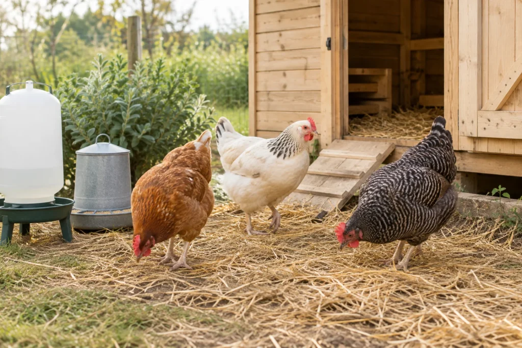 Tre galline razzolano sulla paglia accanto a un pollaio in legno, con una mangiatoia e un abbeveratoio vicino.