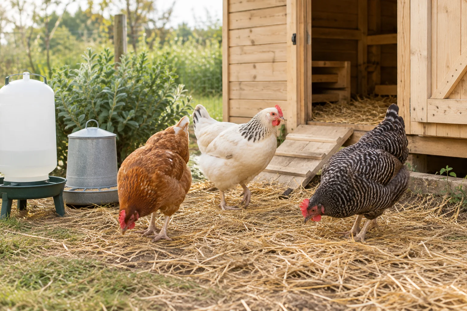 Tre galline razzolano sulla paglia accanto a un pollaio in legno, con una mangiatoia e un abbeveratoio vicino.