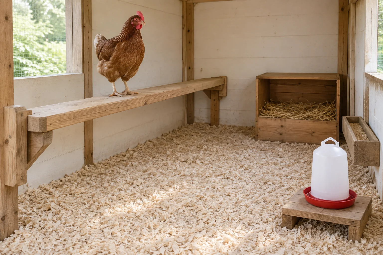 Gallina marrone su un posatoio di legno in un pollaio con nido, mangiatoia e abbeveratoio.