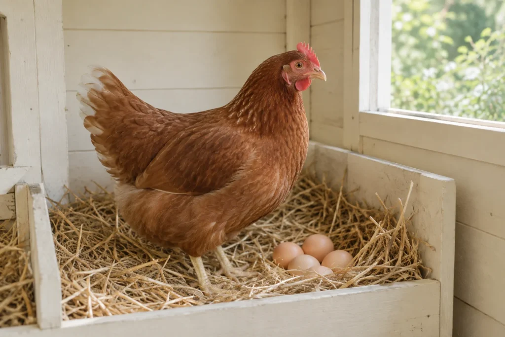 Una gallina bruna è accanto a diverse uova in un nido di paglia.