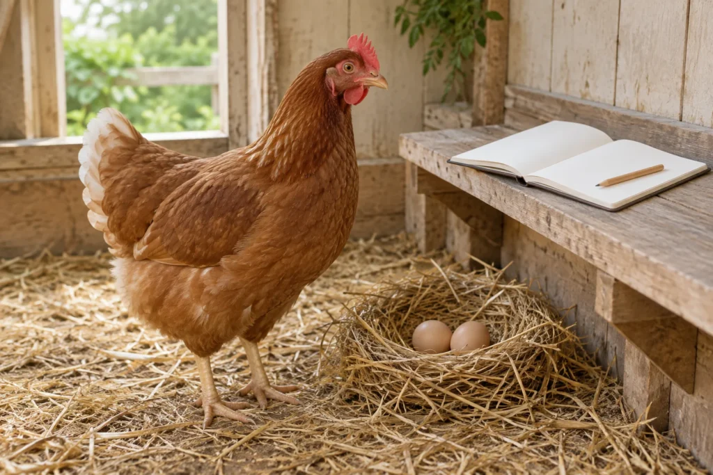 Gallina marrone accanto a un nido con due uova; su una tavola di legno ci sono un quaderno vuoto e una matita.