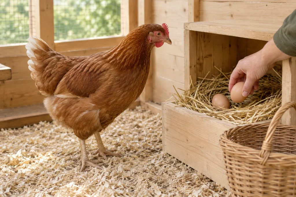 Gallina marrone accanto a un nido di legno con paglia, mentre una mano raccoglie un uovo. Davanti c'è un cesto di vimini.