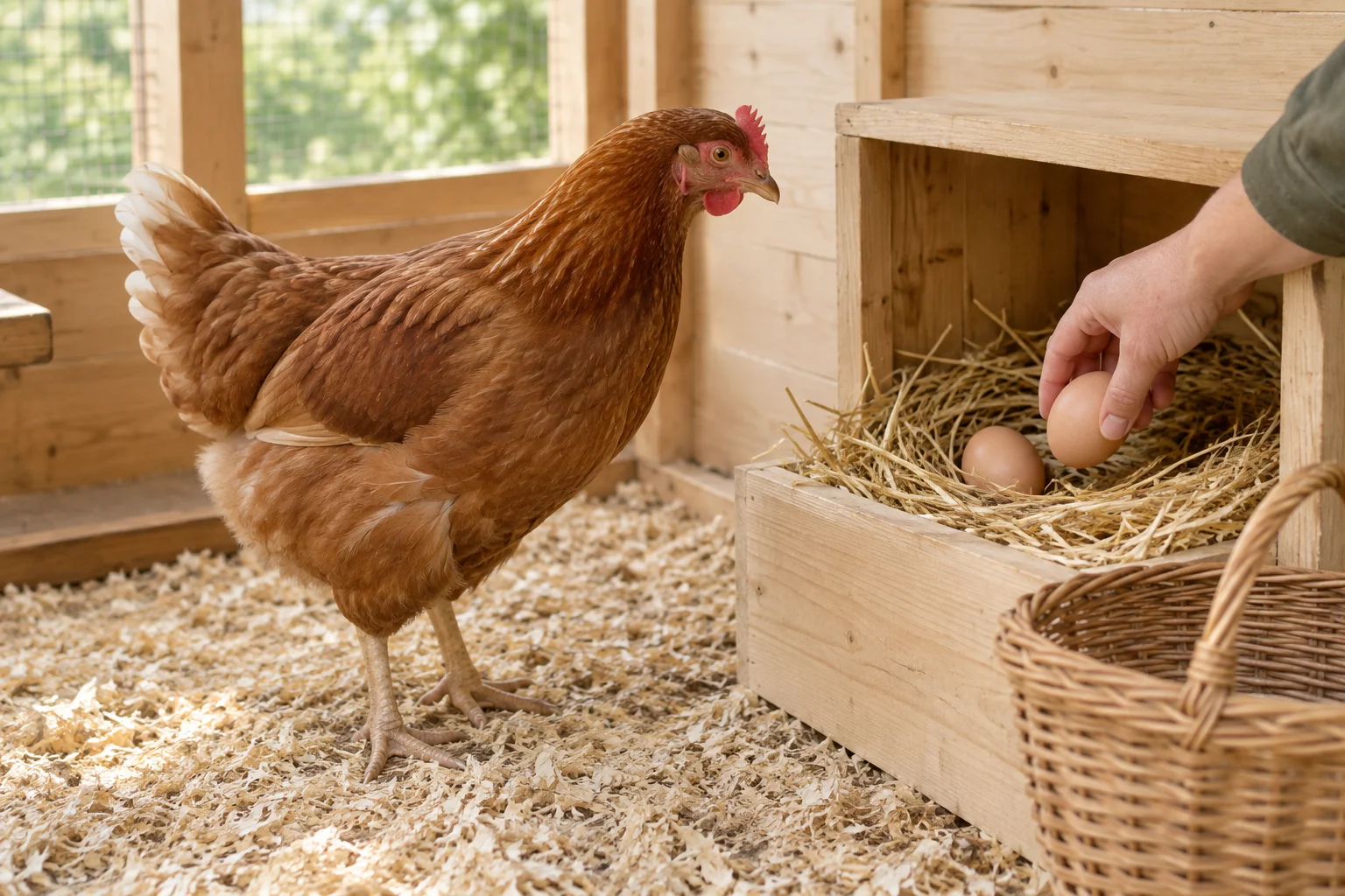 Gallina marrone accanto a un nido di legno con paglia, mentre una mano raccoglie un uovo. Davanti c'è un cesto di vimini.