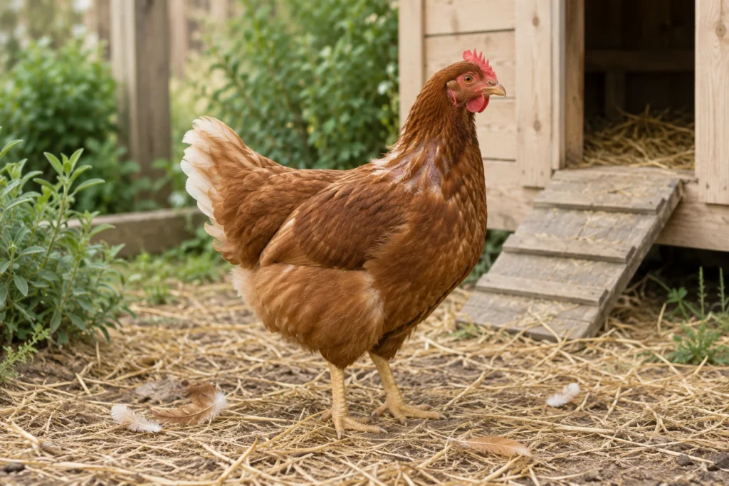 Gallina marrone con alcune penne irregolari sul collo, tra penne cadute davanti a un pollaio di legno.