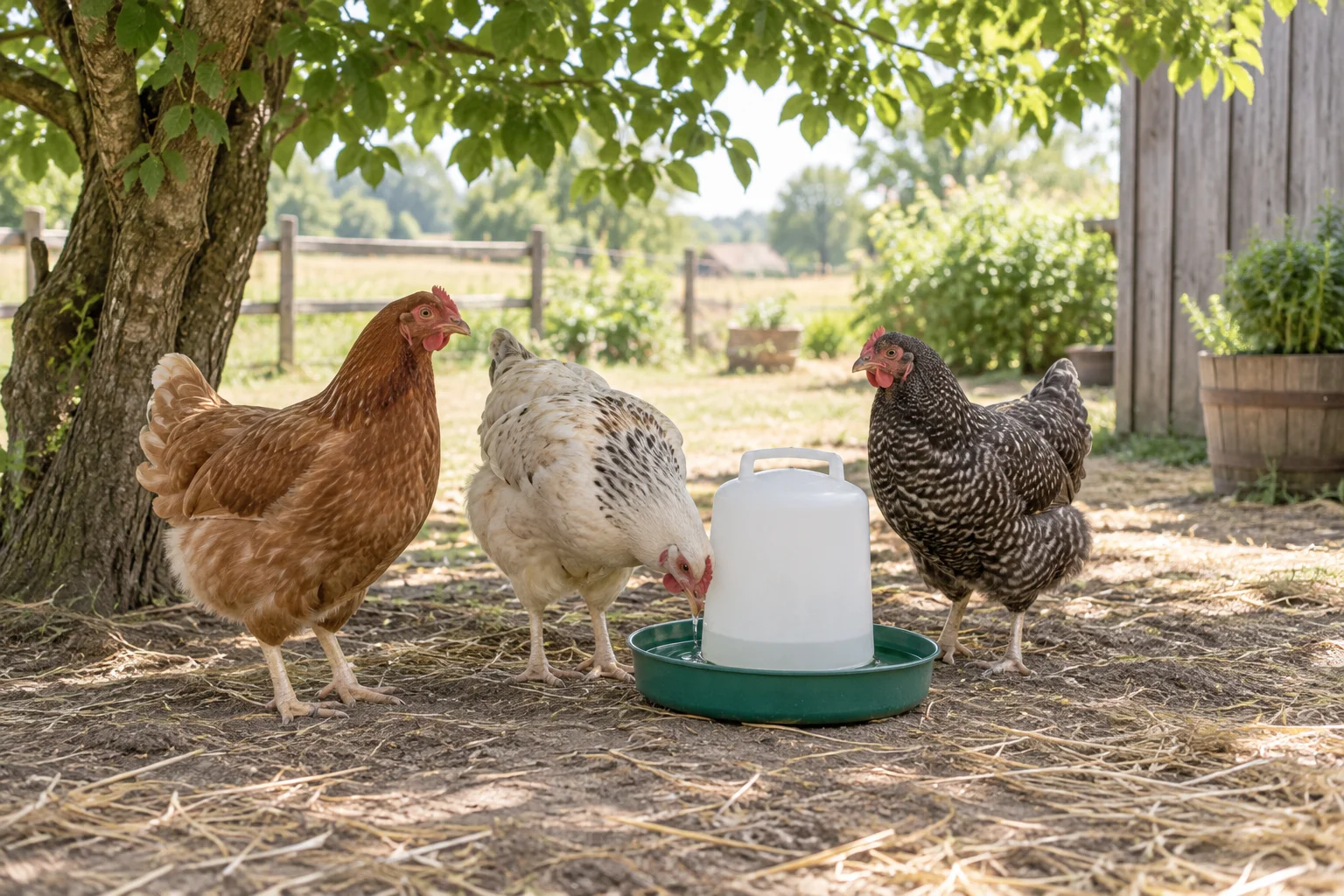 Tre galline sono all'ombra di un albero vicino a un abbeveratoio; una gallina beve.