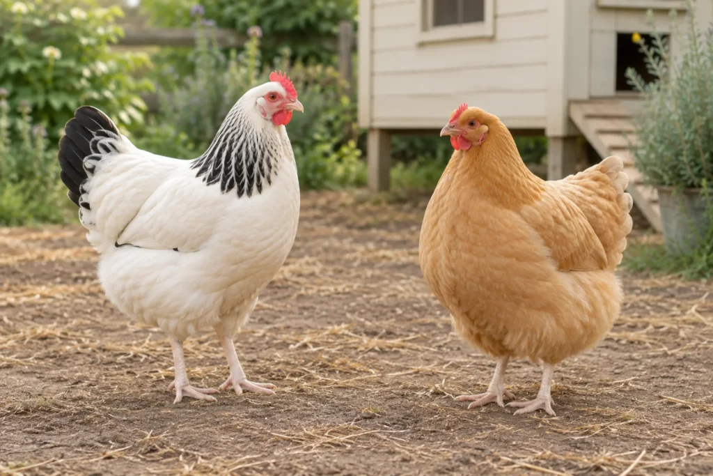 Una gallina bianca con piume nere sul collo e sulla coda è accanto a una gallina marrone chiaro in un recinto esterno vicino a un pollaio di legno.