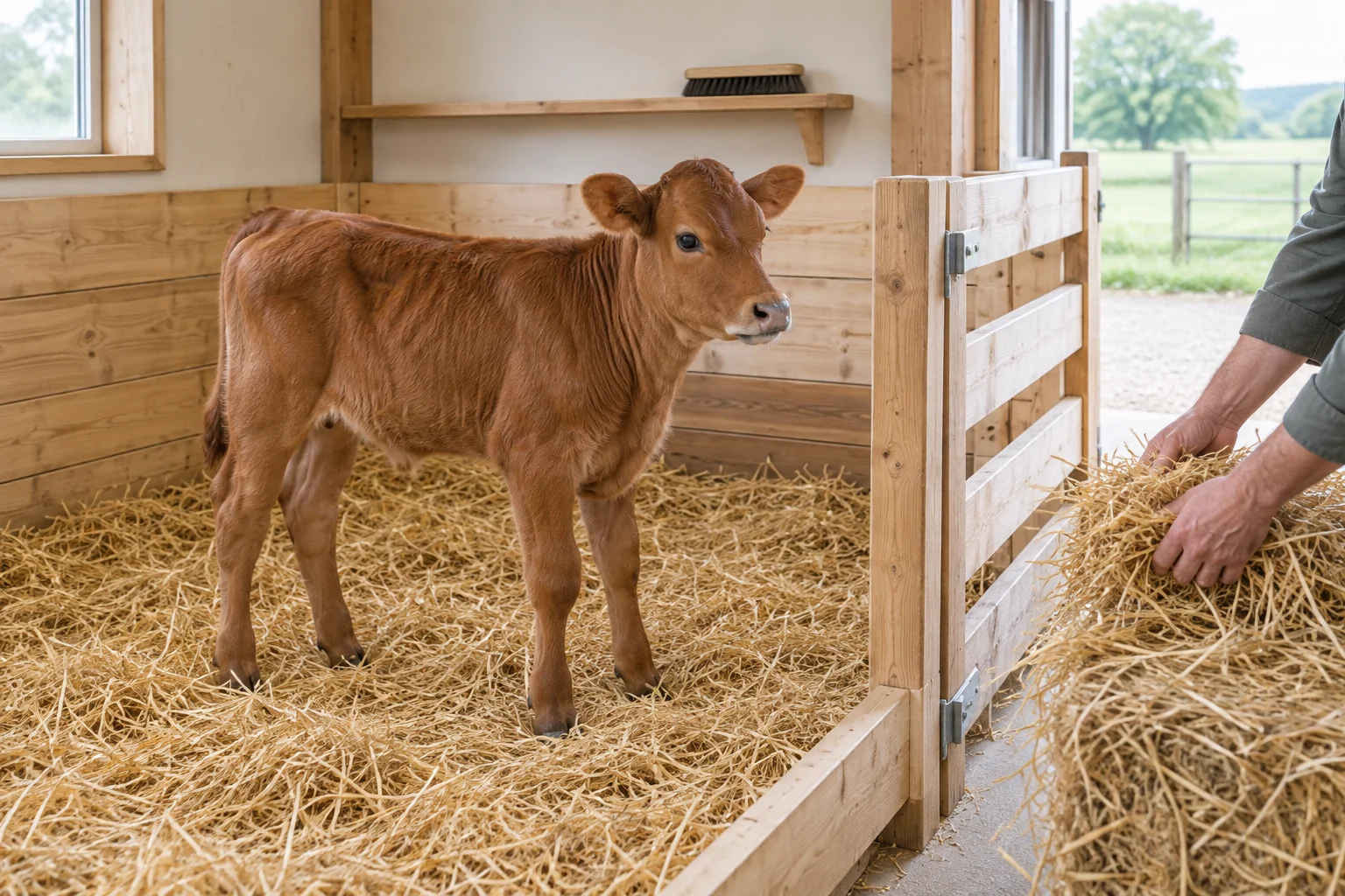 Un vitello marrone è in piedi sulla paglia in un box di legno, mentre una persona accanto al recinto tiene in mano della paglia.
